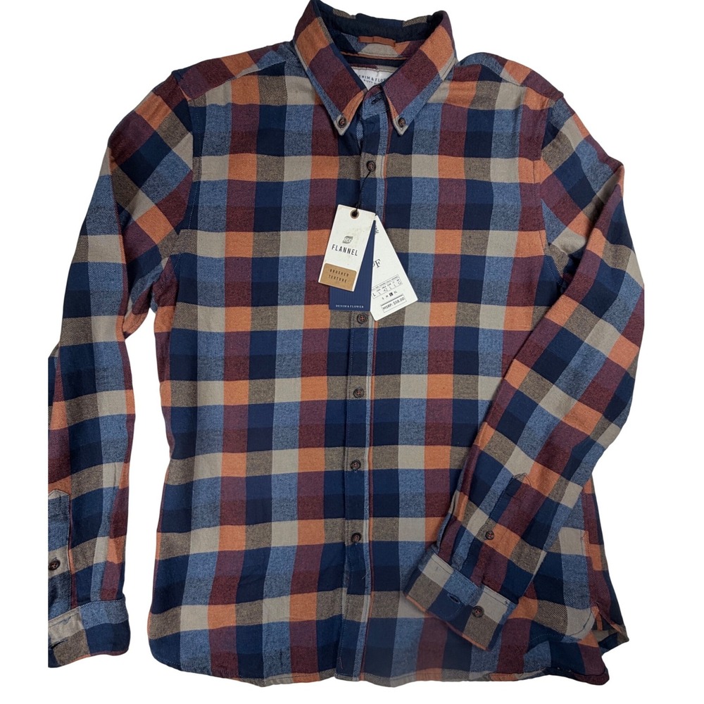 Denim & Flower Mens Flannel Shirt Large Blue Orange Plaid Cotton Ricky Singh NWT